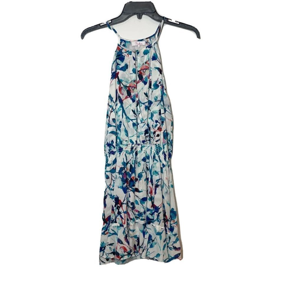 Parker Womens Sleeveless Halter Mini Beach Summer‎ Dress Blue M Floral Keyhole